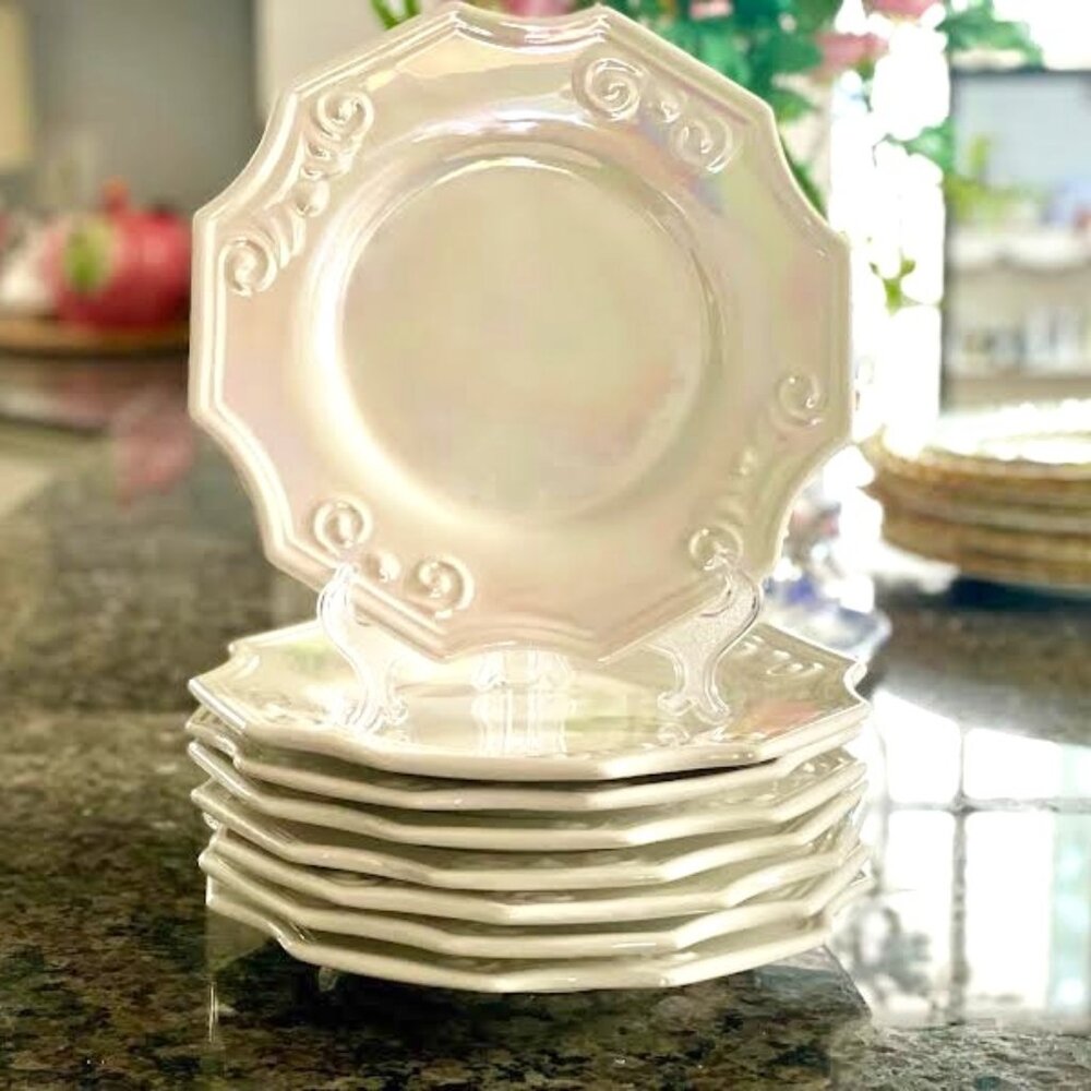 Set of 4 Italian Luncheon Plates  White Iridescent Pearlized Scalloped Edges